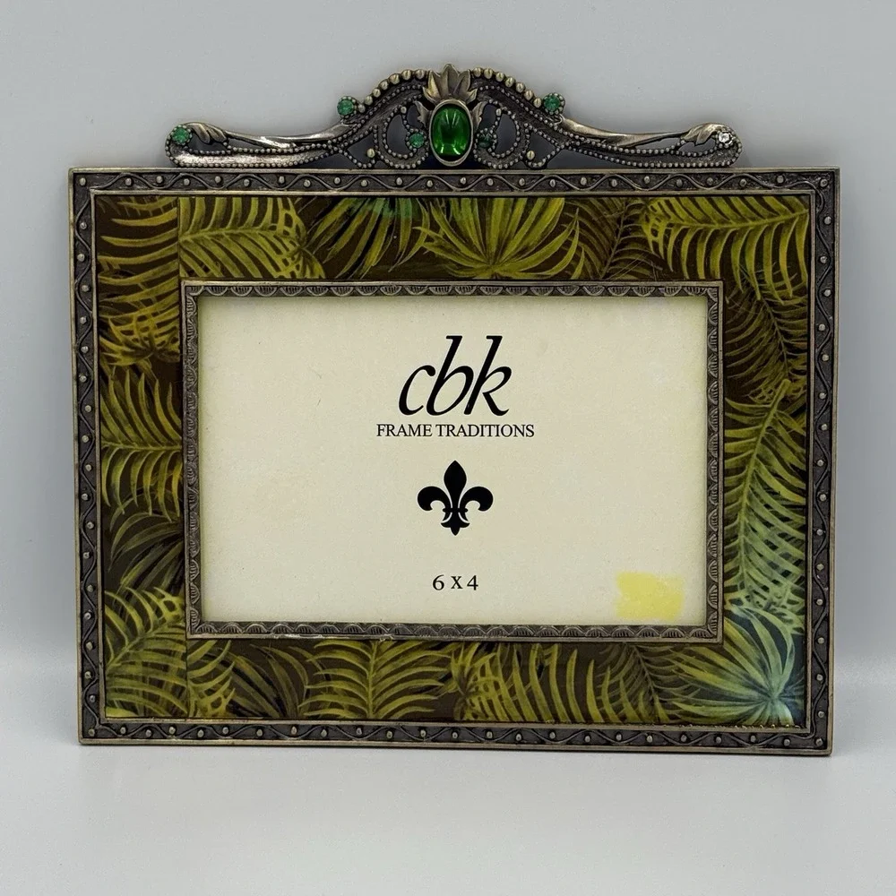 CBK Enamel Picture Frame Palm Leaf Print Metal Gemstone NO GLASS Tropical Glam